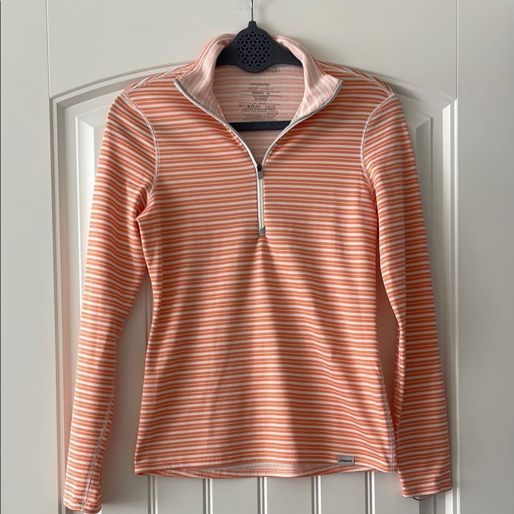 Patagonia Striped Orange and‎ White Quarter-Zip Pullover XS